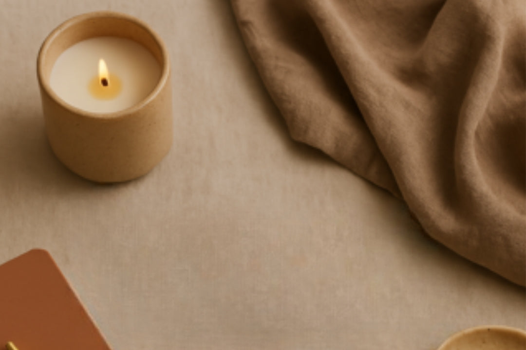 Candle, notebook, and small dish on a textured surface