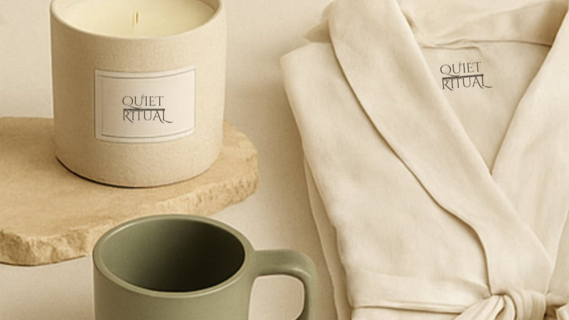 Candle, mug, and robe on a neutral background