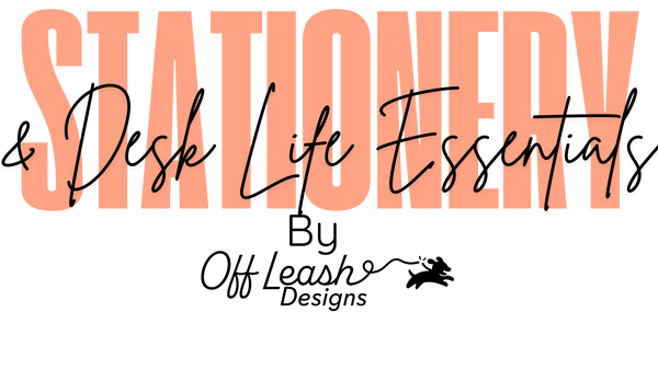 The image displays the word 'STATIONERY' in large, bold, peach-colored letters. Overlapping it is the phrase '& Desk Life Essentials' written in a smaller, black, cursive font. The design highlights desk set bundles and other desk essentials aimed at uplifting your work vibe and enhancing productivity